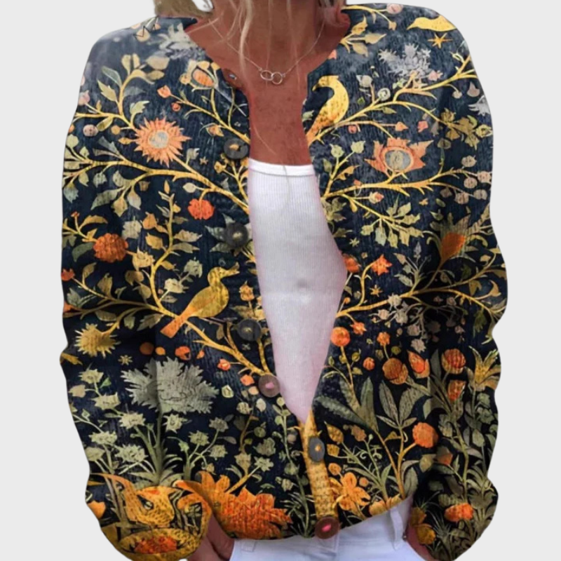 Blommig damkofta med knappar och avslappnad passform