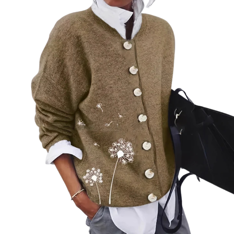 Stickad damkofta med maskrosmönster och knappar