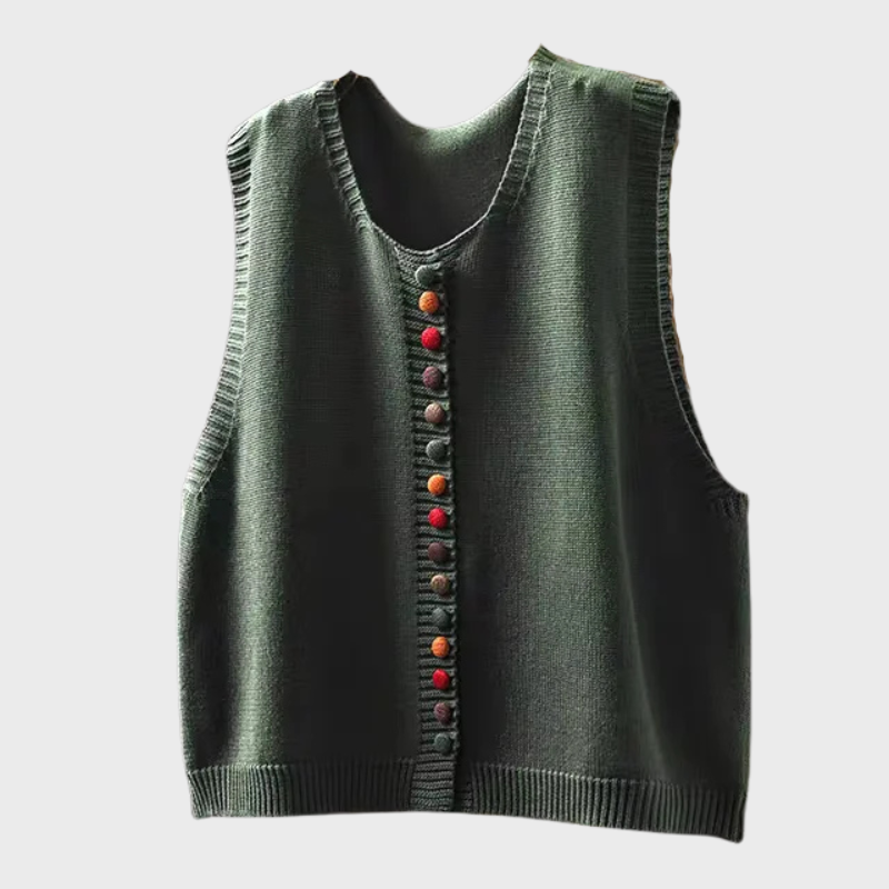 Stickad damväst med dekorativa färgade knappar