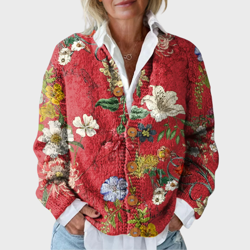 Blommig damkofta med knappar och avslappnad passform