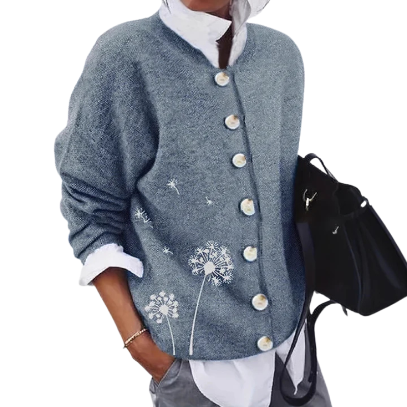 Stickad damkofta med maskrosmönster och knappar