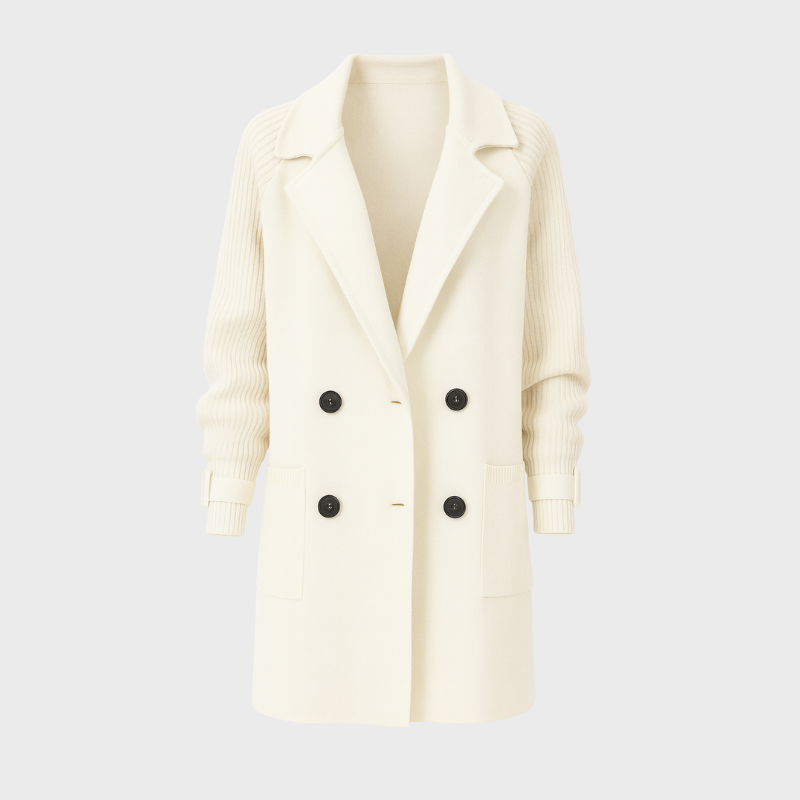 Stickad damkofta med dubbelknäppning och krage