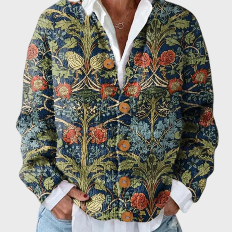 Blommig damkofta med knappar och avslappnad passform