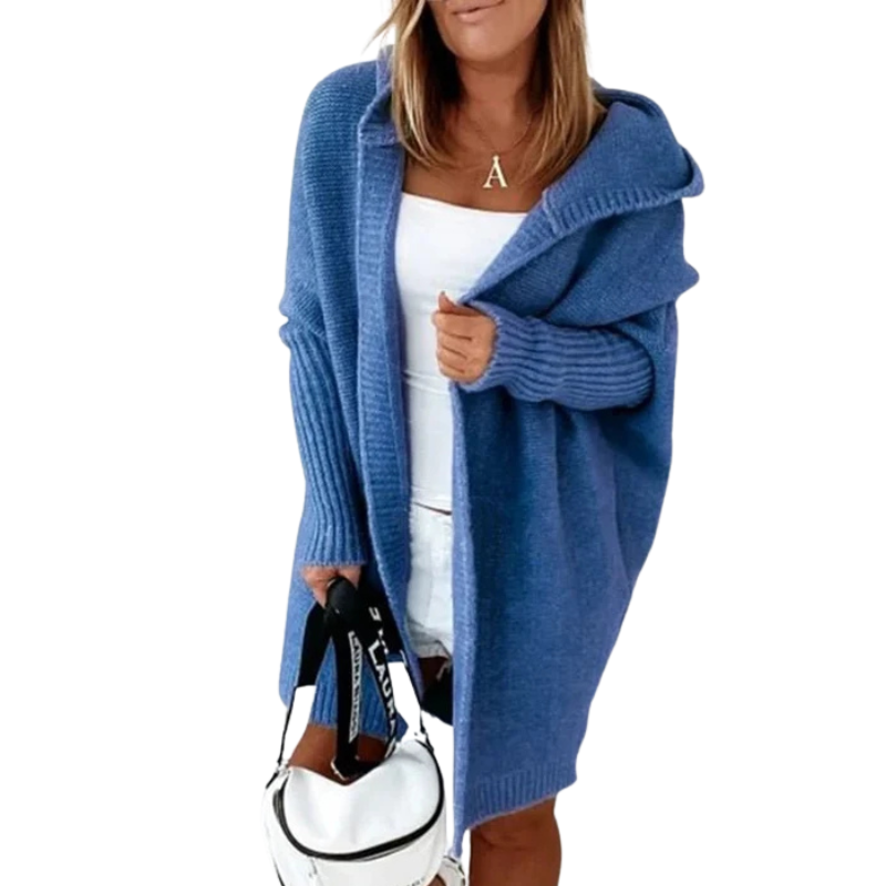 Lång stickad damkofta med huva