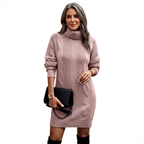 Stickad Miniklänning med Lång Ärm för Dam, Figurnära Passform