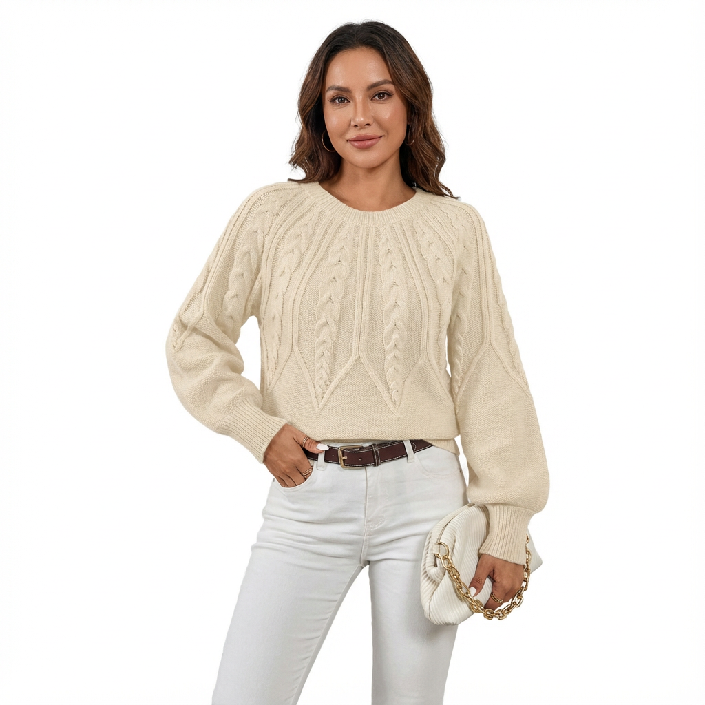 Stickad Tröja med Kabelmönster och Rund Hals för Dam