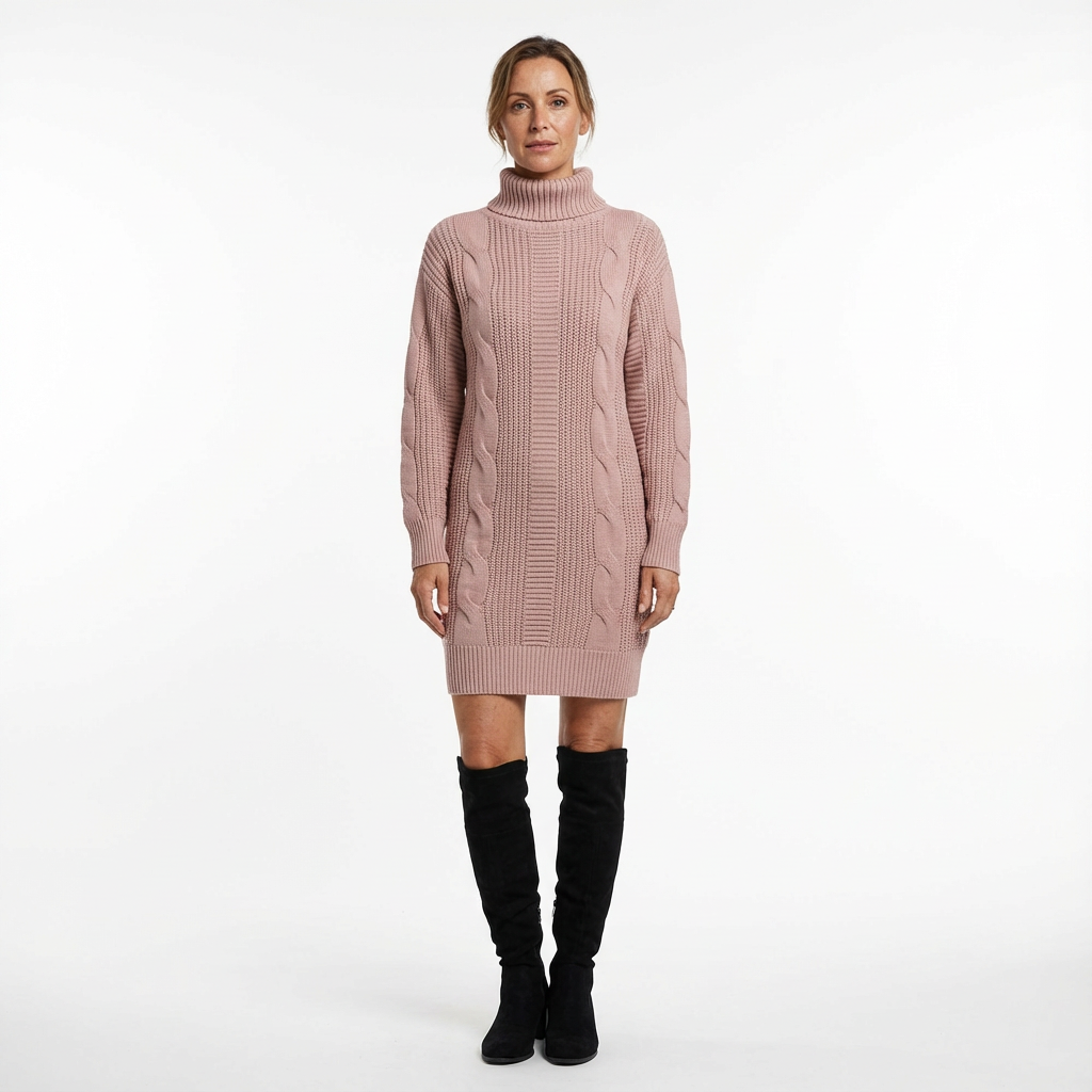 Stickad Miniklänning med Lång Ärm för Dam, Figurnära Passform