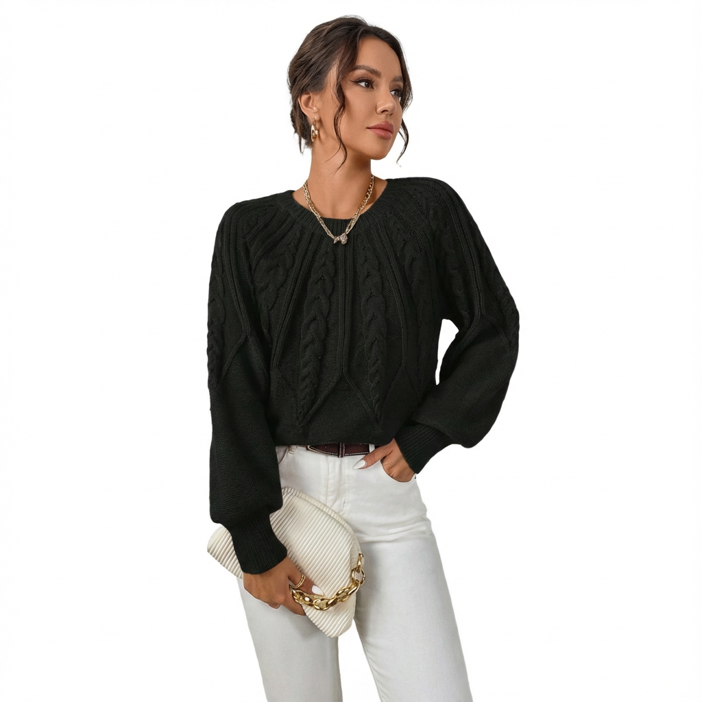 Stickad Tröja med Kabelmönster och Rund Hals för Dam