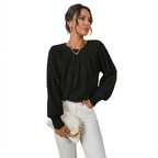 Stickad Tröja med Kabelmönster och Rund Hals för Dam