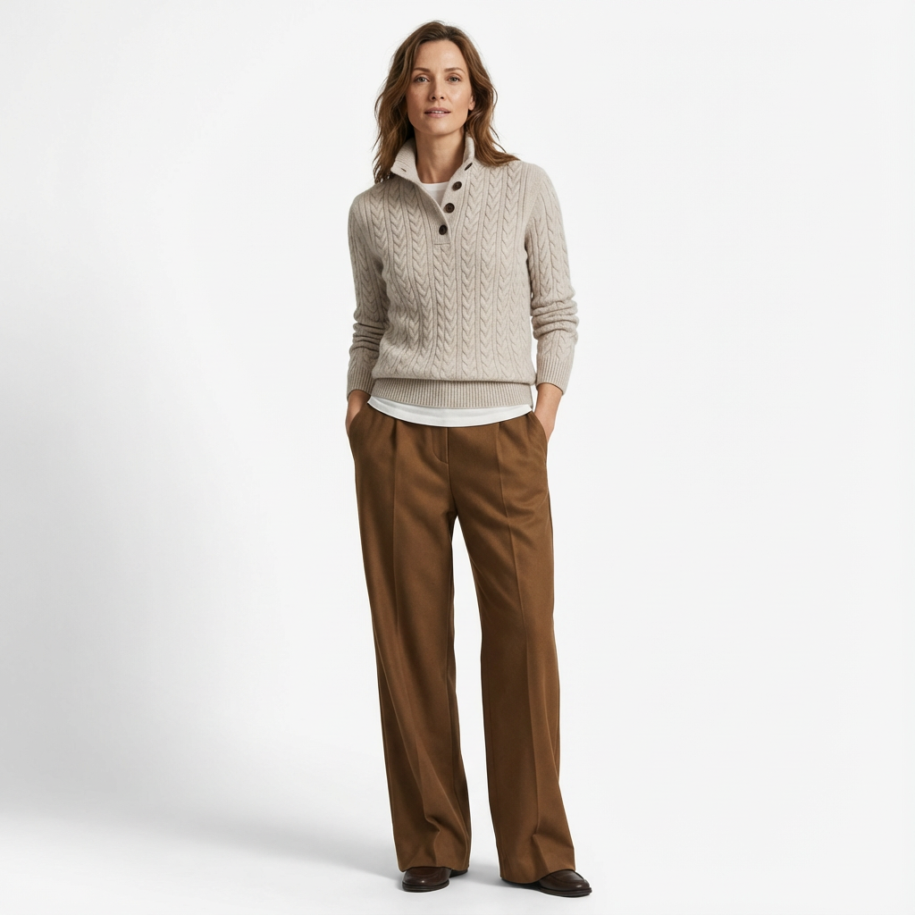 Stickad Tröja med Kabelmönster och Knäppning framtill för Dam