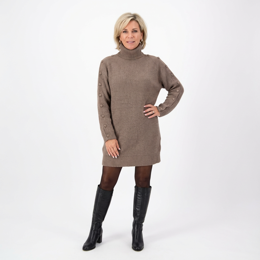 Stickad Klänning med Polokrage och Knappdetalj på Ärmar för Dam