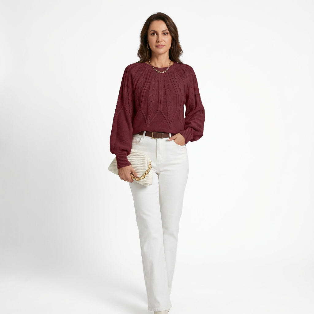 Stickad Tröja med Kabelmönster och Rund Hals för Dam