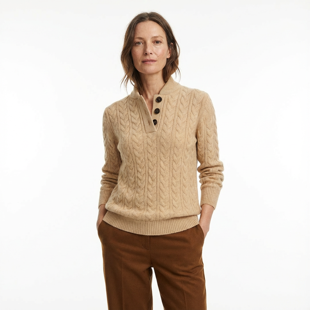 Stickad Tröja med Kabelmönster och Knäppning framtill för Dam