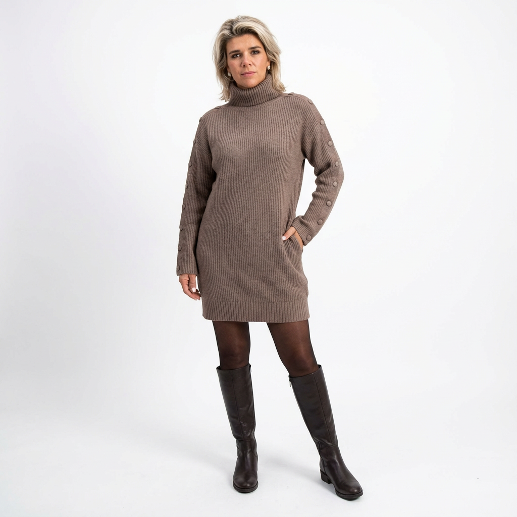 Stickad Klänning med Polokrage och Knappdetalj på Ärmar för Dam