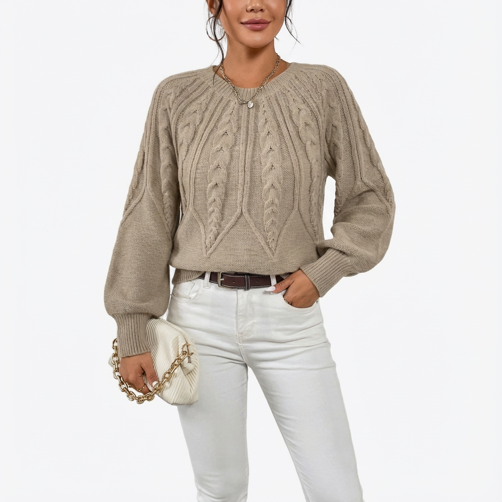 Stickad Tröja med Kabelmönster och Rund Hals för Dam