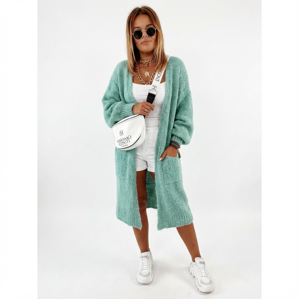 Oversized Stickad Cardigan med Lång Ärm och Öppen Framsida för Dam