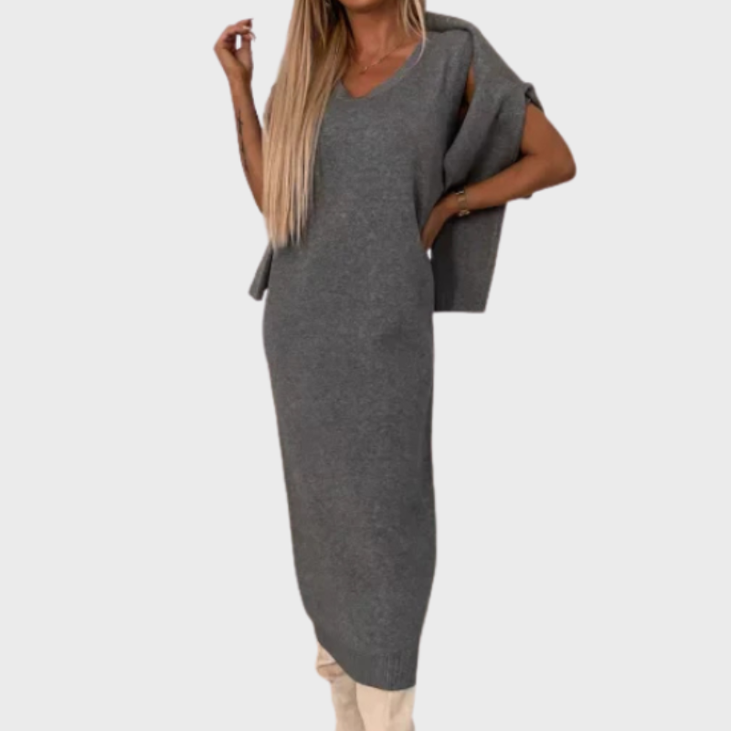 Stickad tvådelad klänning med elegant rund hals