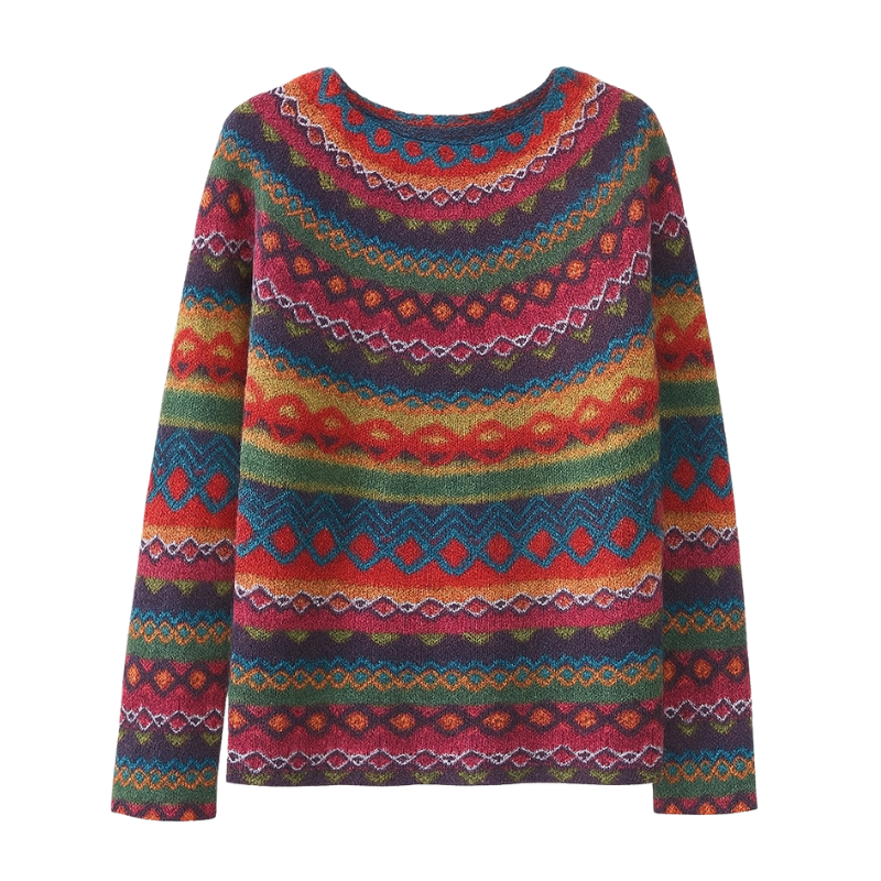 Färgglad stickad dam­sweater med rund hals