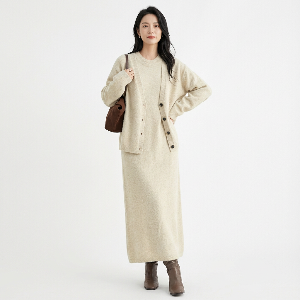 Tvådelat Stickat Klänning Set med Knappdetalj för Dam