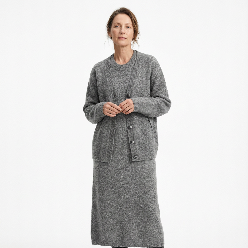 Tvådelat Stickat Klänning Set med Knappdetalj för Dam