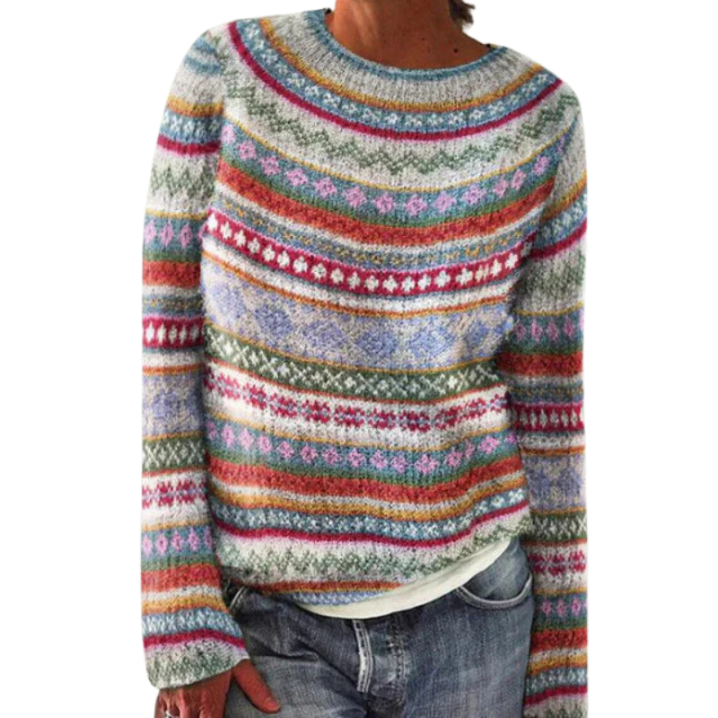 Färgglad stickad dam­sweater med rund hals