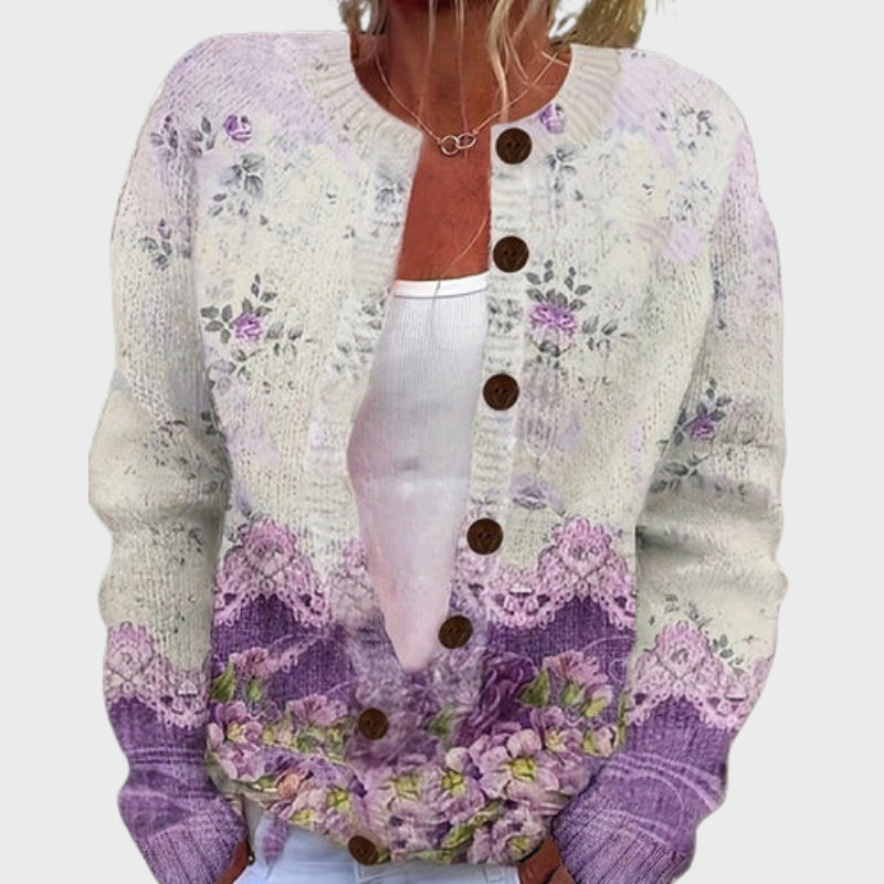 Blommig damkofta med knappar och avslappnad passform