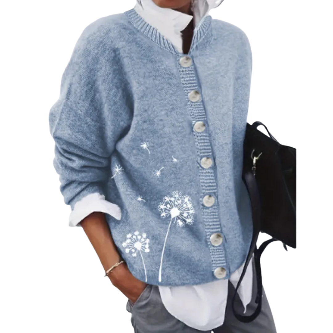 Stickad damkofta med maskrosmönster och knappar